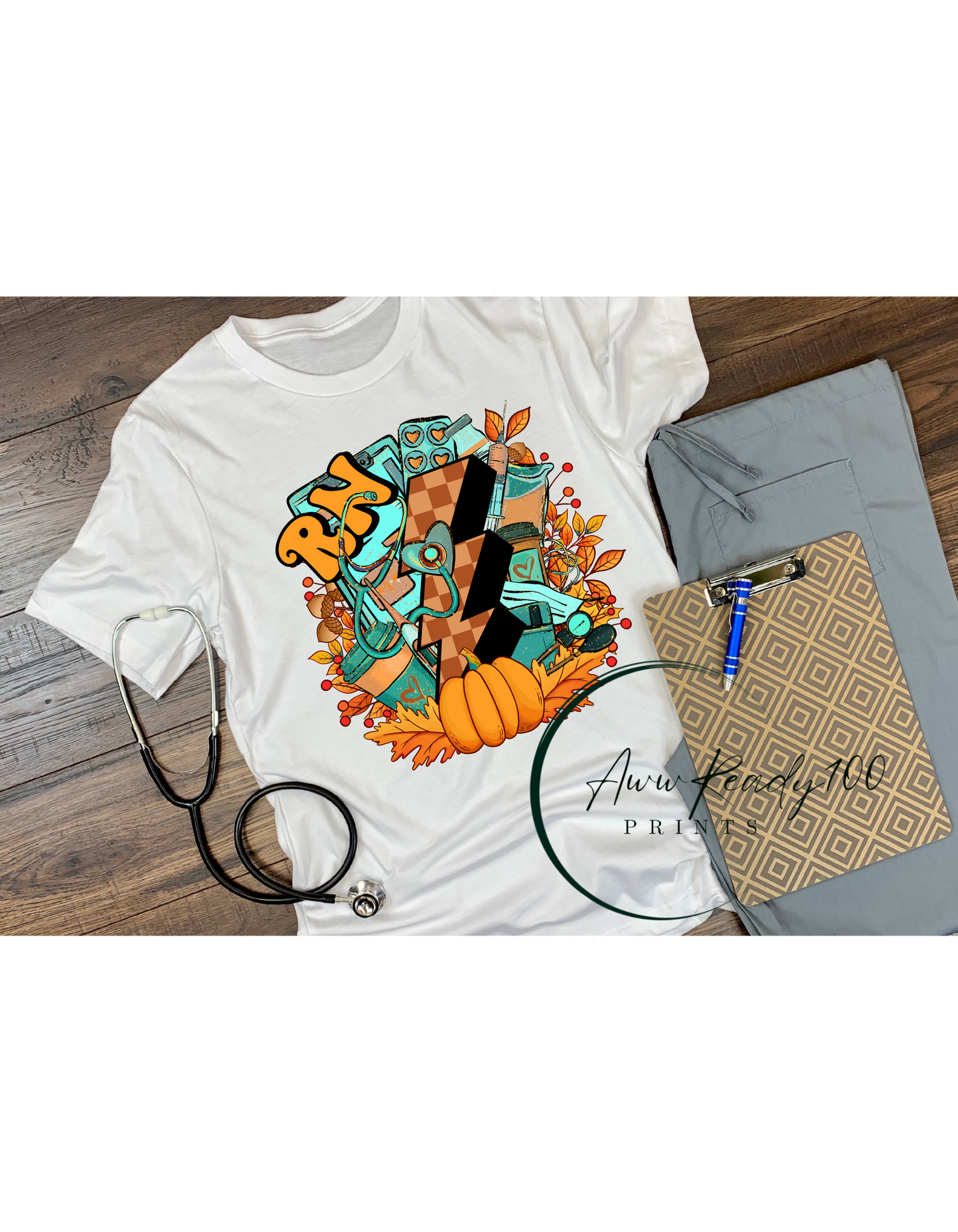 RN with Pumpkins and Leaves | 10" DTF Transfer