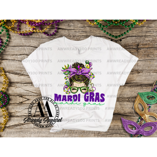 Mardi Gras Messy Bun White Skin I 10" - DTF TRANSFER