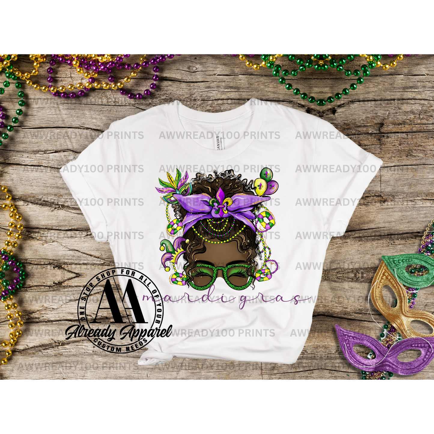 Mardi Gras Messy Bun Black Skin I 10" - DTF TRANSFER