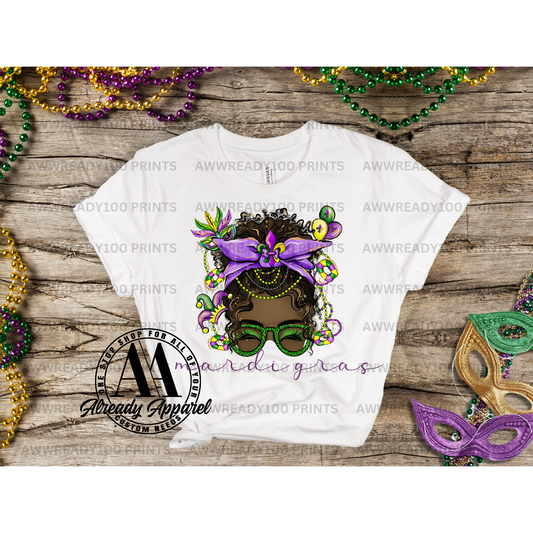 Mardi Gras Messy Bun Black Skin I 10" - DTF TRANSFER