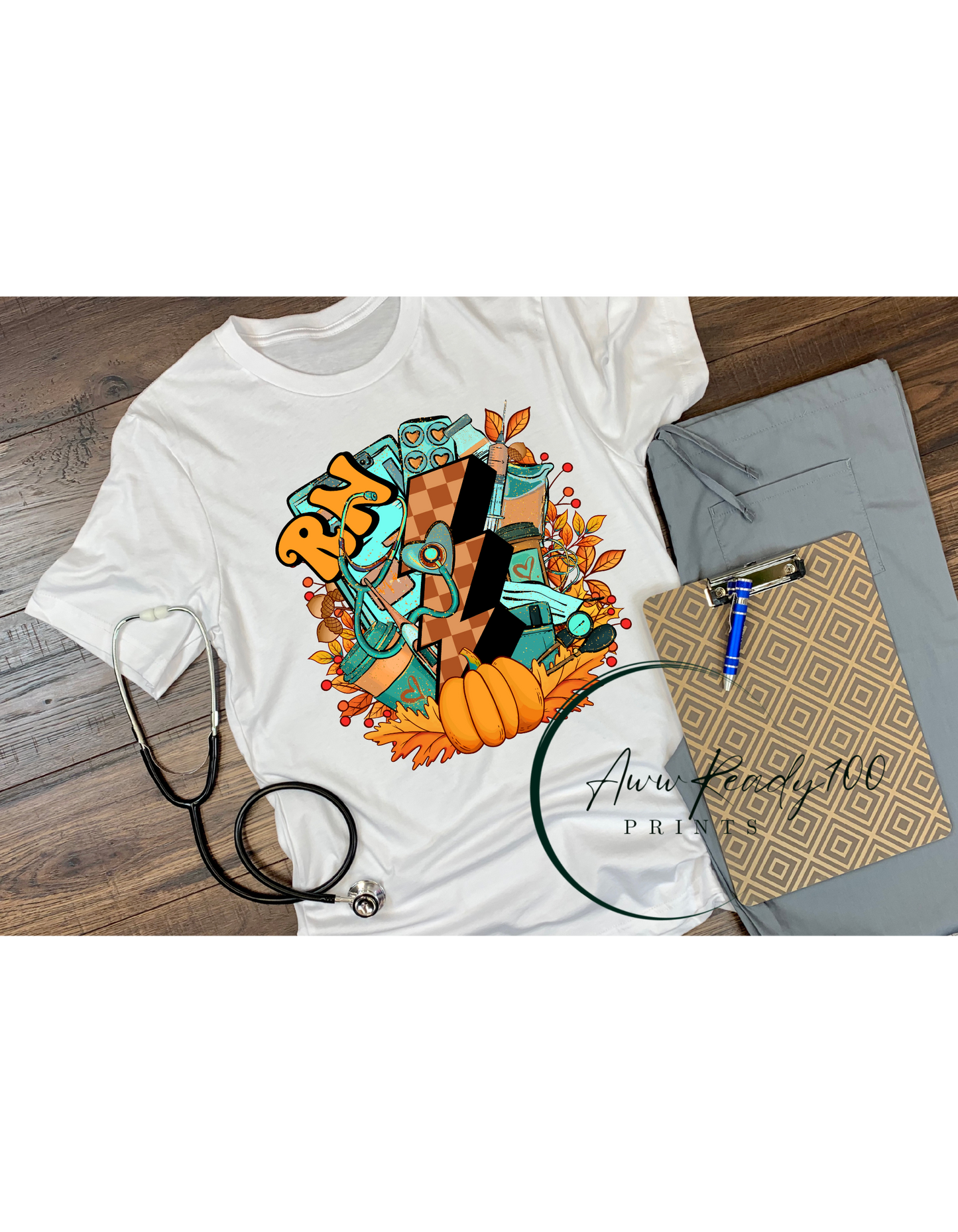 RN with Pumpkins and Leaves  | 10" DTF Transfer